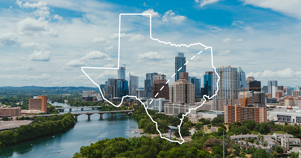 outline of texas with dotted line through it on top of the Austin skyline